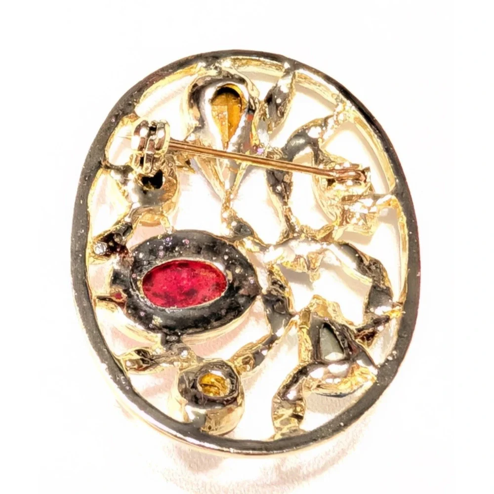 Vintage Rhinestone Brooch Pin Colorful Art Glass Gold-tone Leafs 1.75